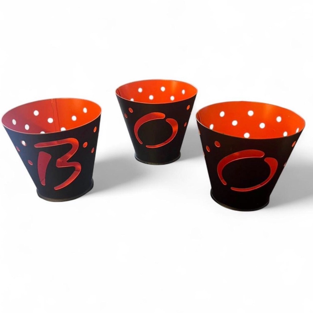 Vintage/ Hallmark Halloween Black and Orange Candle Holders “BOO”